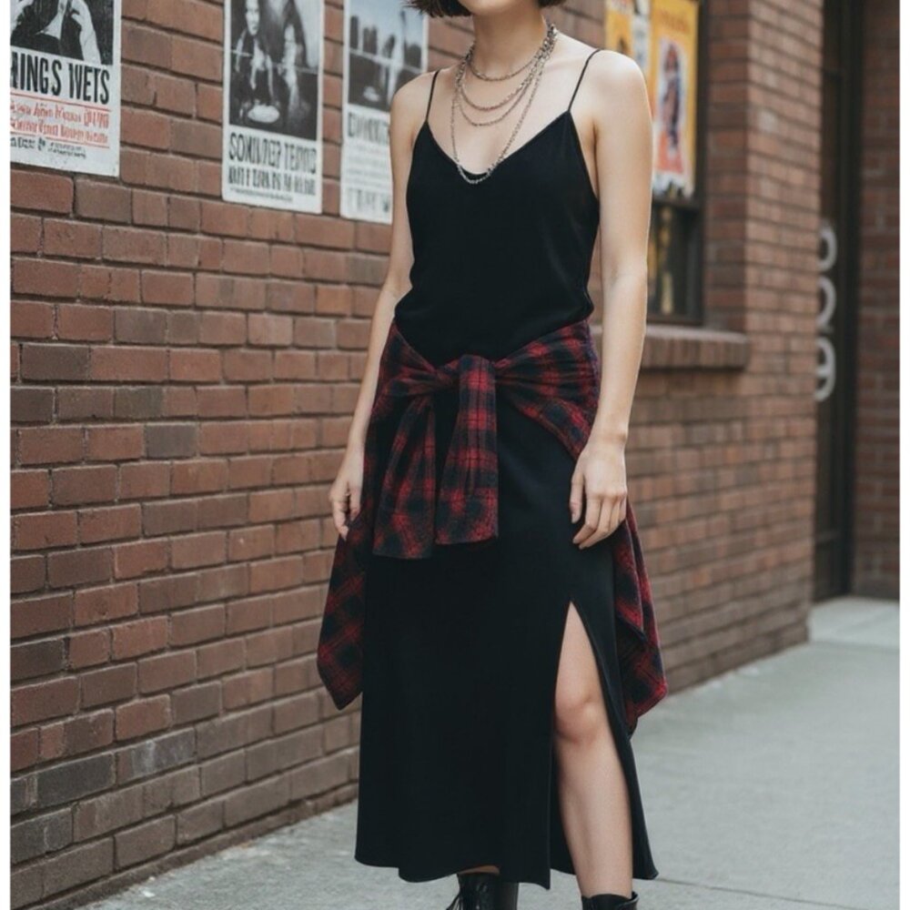 Zara Women XS Fillsens Black Strappy Midi Slip Dress Slit Glam Party Grunge Goth